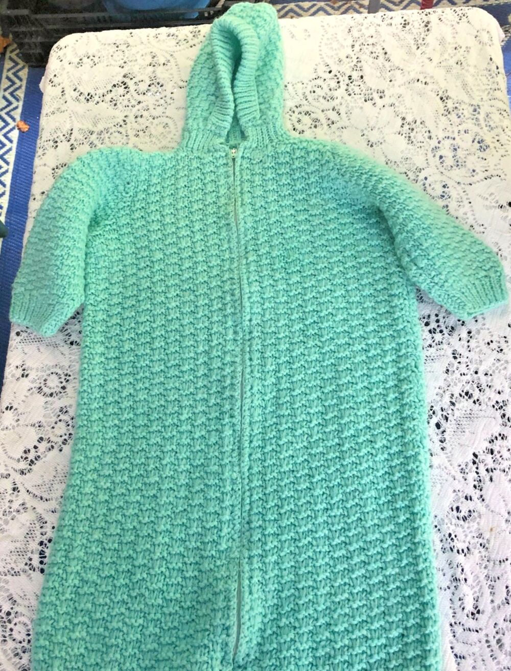 Handknitted Baby Sleeper Sack  Zip Front - Handmade- aqua hoodie, cozy baby